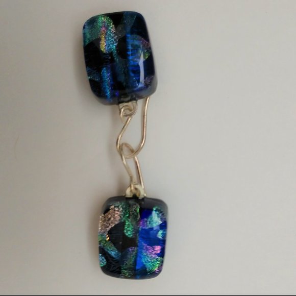 Hand Made Blue and Black Dangle Earrings With Dichroic Square Glass Beads - Picture 12 of 16